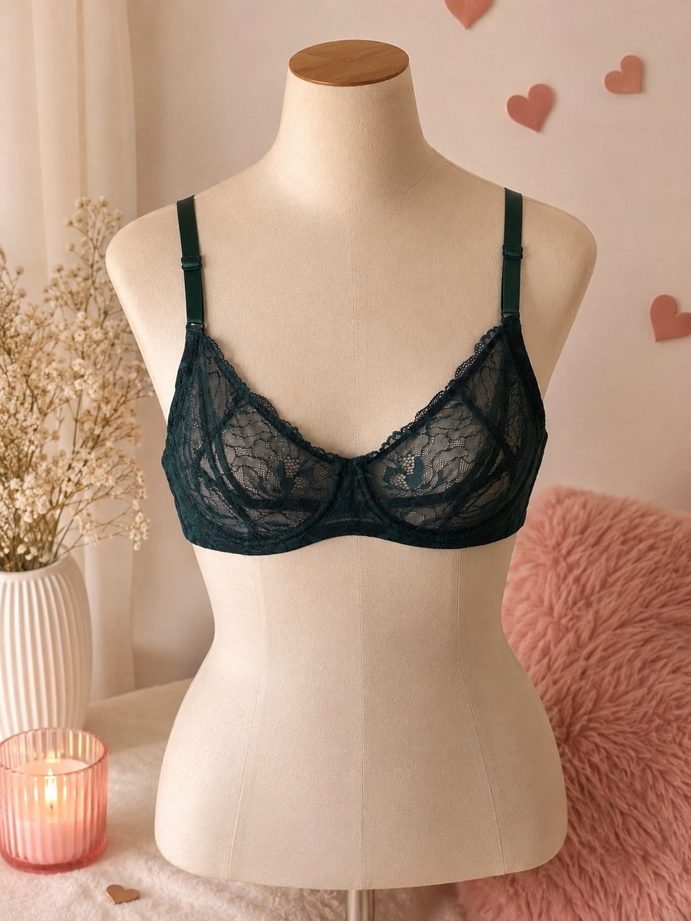 Blush Sheer Lace Underwire Bralette in Dark Green